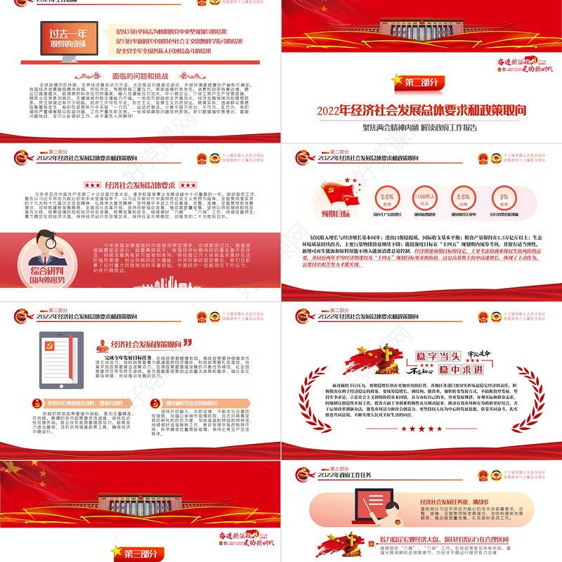 2022全国两会政府工作报告PPT红色党政风学习解读两会精神内涵专题课件模板