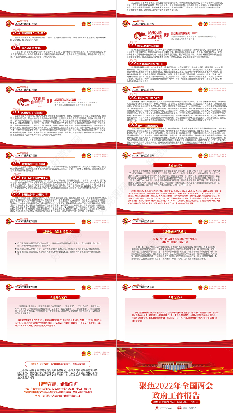 2022全国两会政府工作报告PPT红色党政风学习解读两会精神内涵专题课件模板