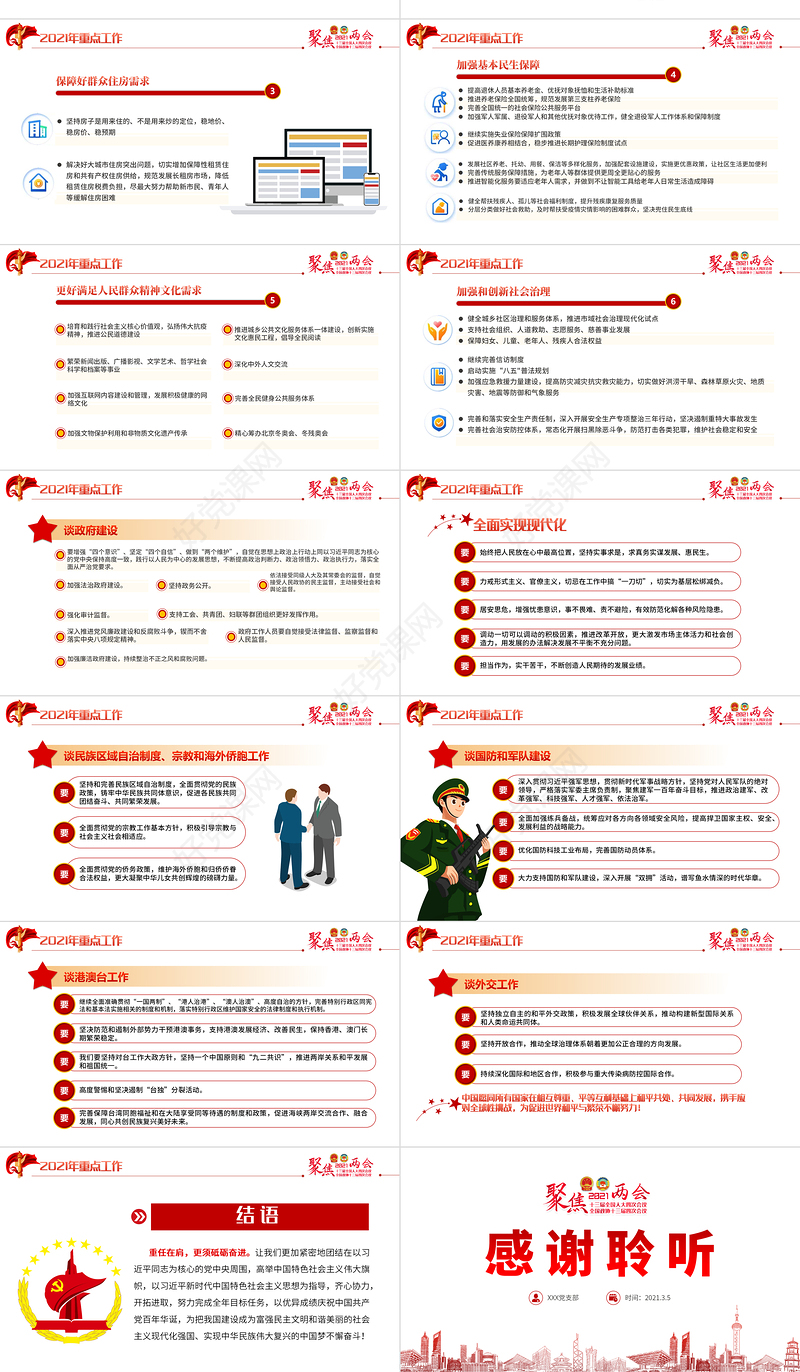 红色聚焦全国两会2021政府工作报告学习解读ppt