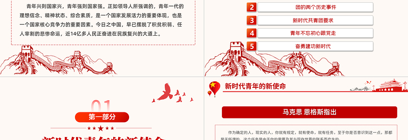 弘扬五四精神争做合格团员PPT红色党政风不忘初心跟党走青年建功新时代主题团日活动课件模板