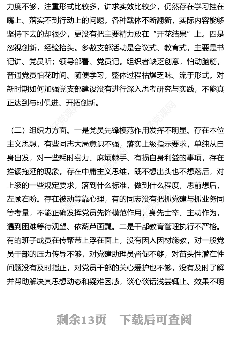 2023年全党支部班子组织生活会对照检查材料问题清单整改清单