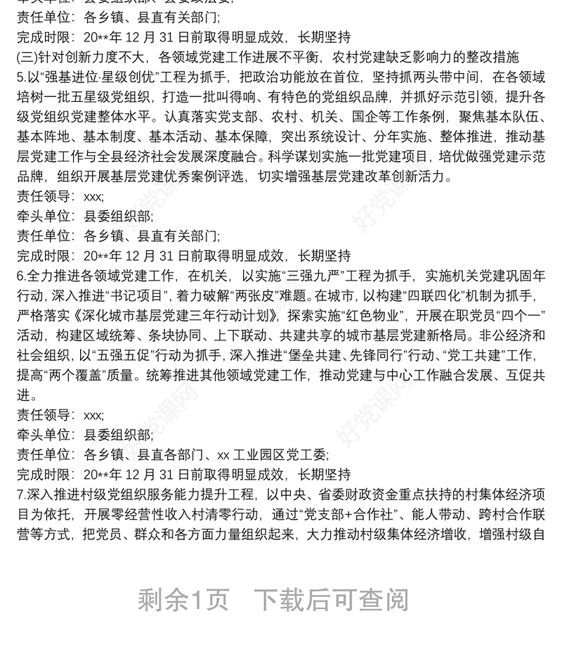 县落实20xx年度党组织书记抓基层党建述职评议考核工作反馈问题整改方案范文