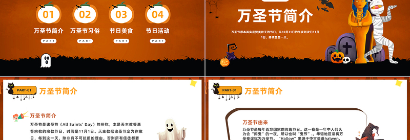 2023万圣节PPT卡通插画风不给糖就捣蛋万圣节介绍课件模板下载