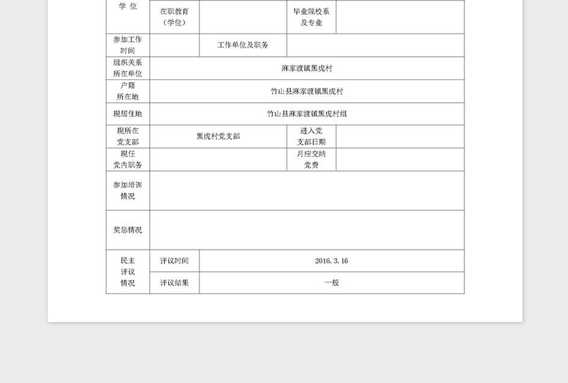 2021年党员基本信息登记表