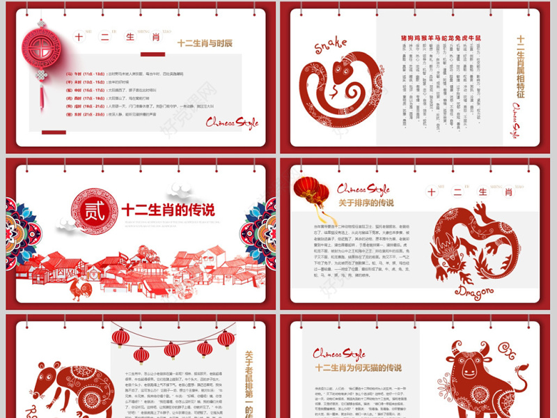 原创剪纸中国风十二生肖中国传统文化PPT模板-版权可商用