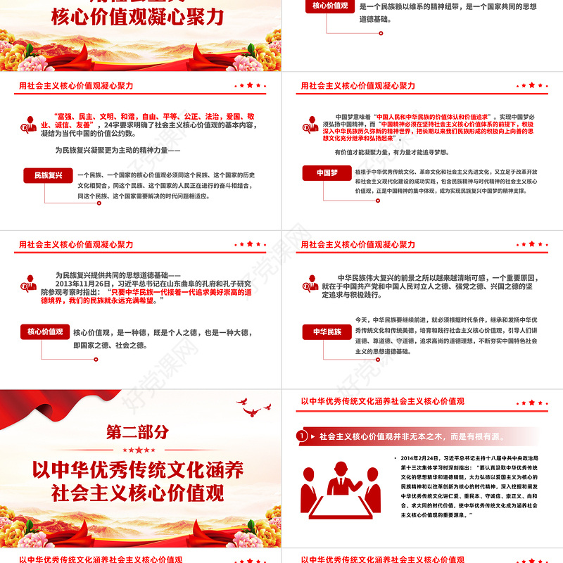 精美大气着力培育和践行社会主义核心价值观PPT红色简洁习近平文化思想主题微党课