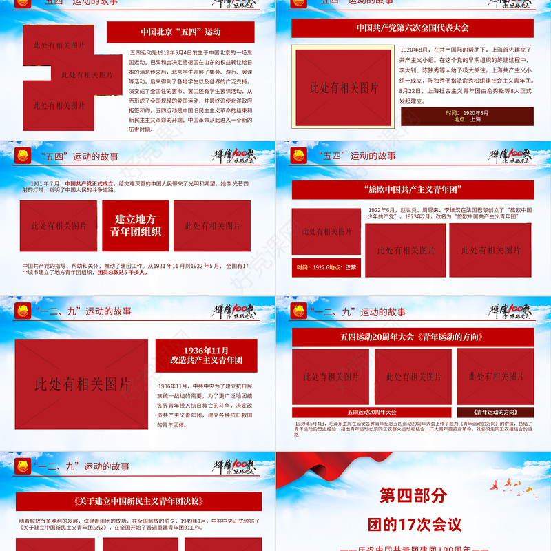 百年光辉历程中国共青团团史PPT红色精品庆祝共青团团史100周年专题党课课件模板