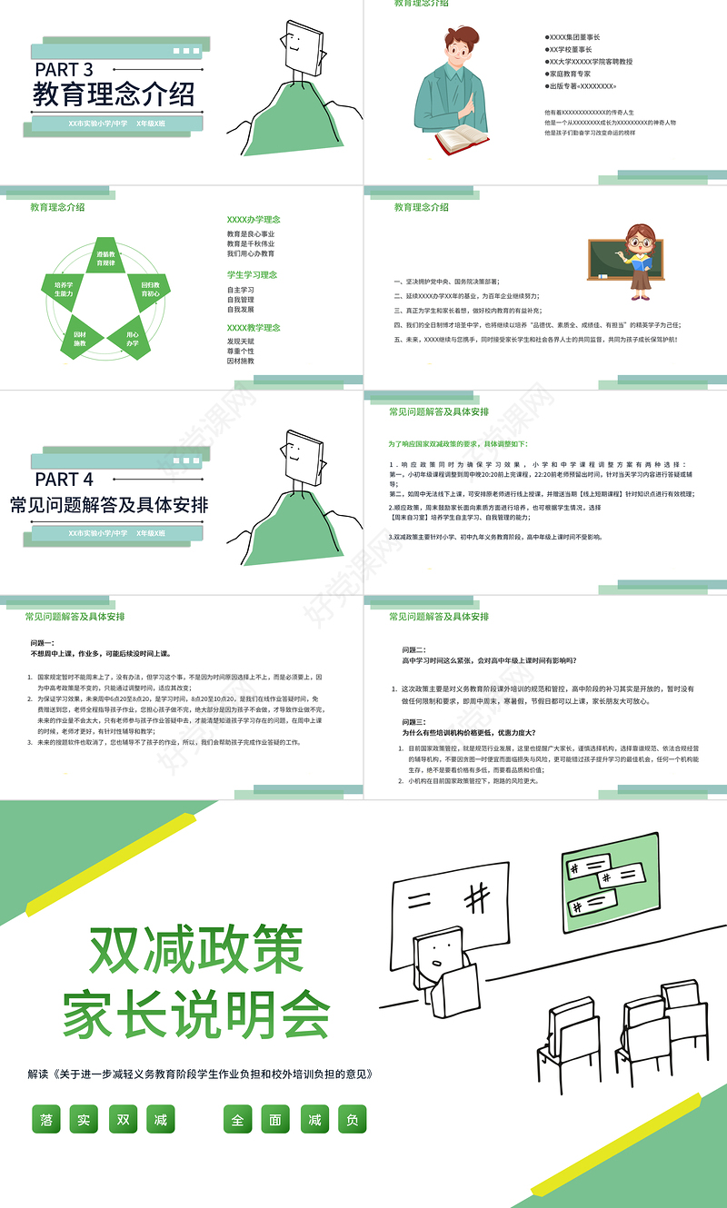 2021双减政策家长说明会PPT清新绿色减轻学生作业负担和压减学科类校外培训机构家长会沟通模板