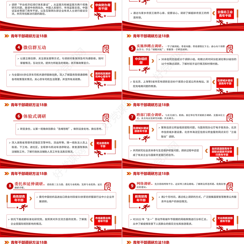 2023青年干部调研方法18条PPT红色党政风学习中央和国家机关青年干部调研方法18条专题党课课件模板