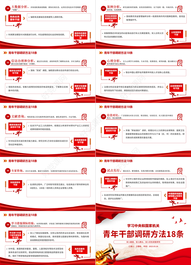 2023青年干部调研方法18条PPT红色党政风学习中央和国家机关青年干部调研方法18条专题党课课件模板