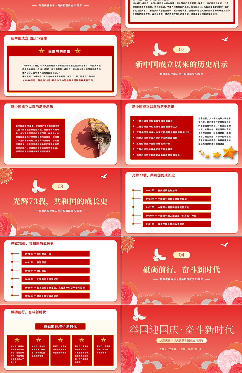 2022举国迎国庆奋斗新时代PPT红色大气风热烈庆祝中华人民共和国成立73周年专题党建课件模板