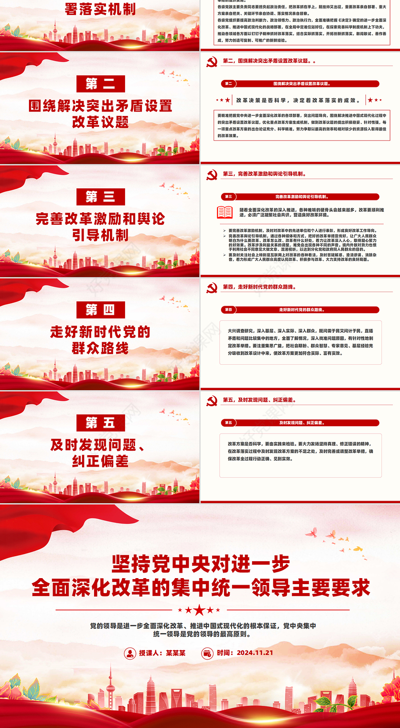 红色精美坚持党中央对进一步全面深化改革的集中统一领导主要要求PPT课件