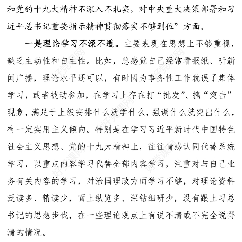 公文范文巡视整改专题民主生活会发言提纲