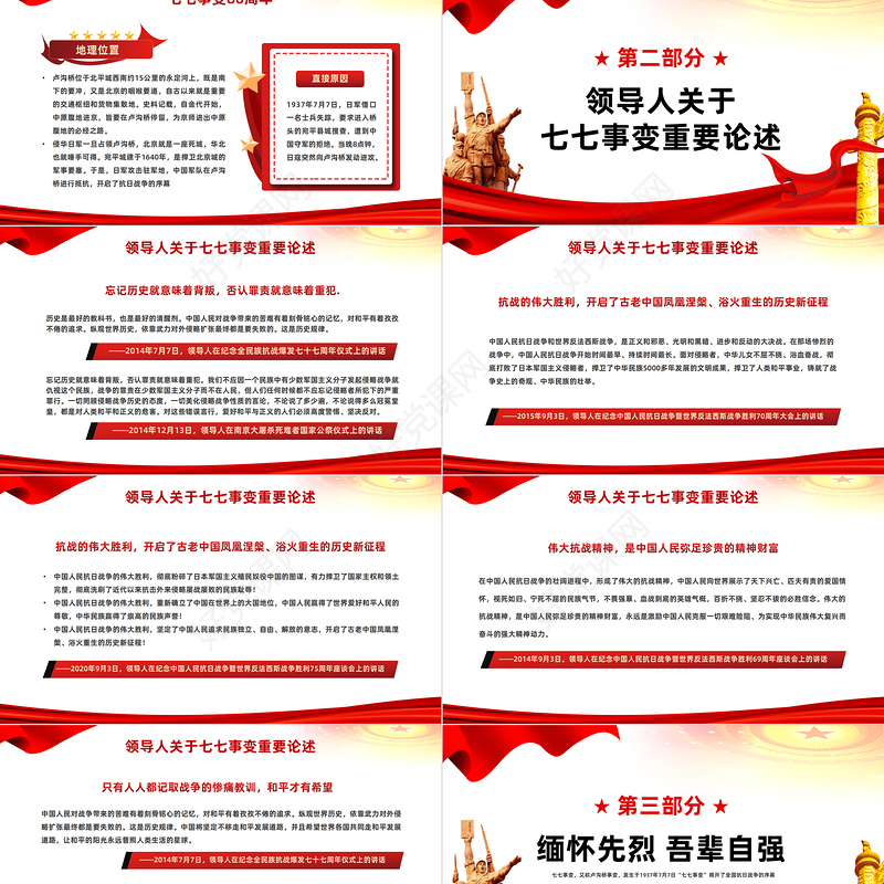 2023七七事变抗战86周年纪念日PPT红色党政风纪念七七事变铭记历史弘扬红色精神主题班会课件模板下载