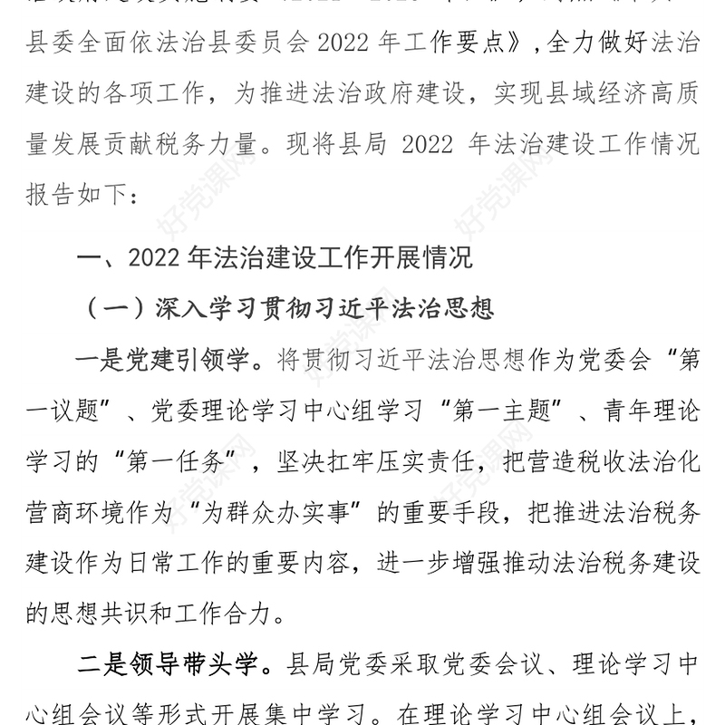 税务局2022年法治建设工作总结和2023年工作计划PPT精美推进法治政府建设实现县域经济高质量发展工作汇报模板(讲稿)