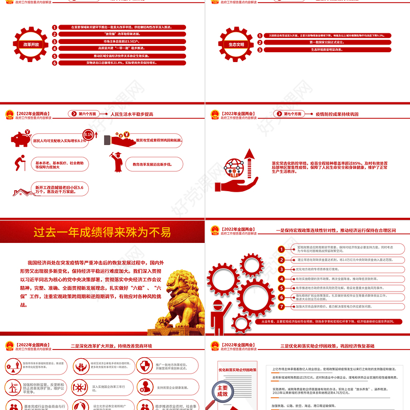 2022政府工作报告全文PPT红色大气深入学习贯彻全国两会精神党课课件