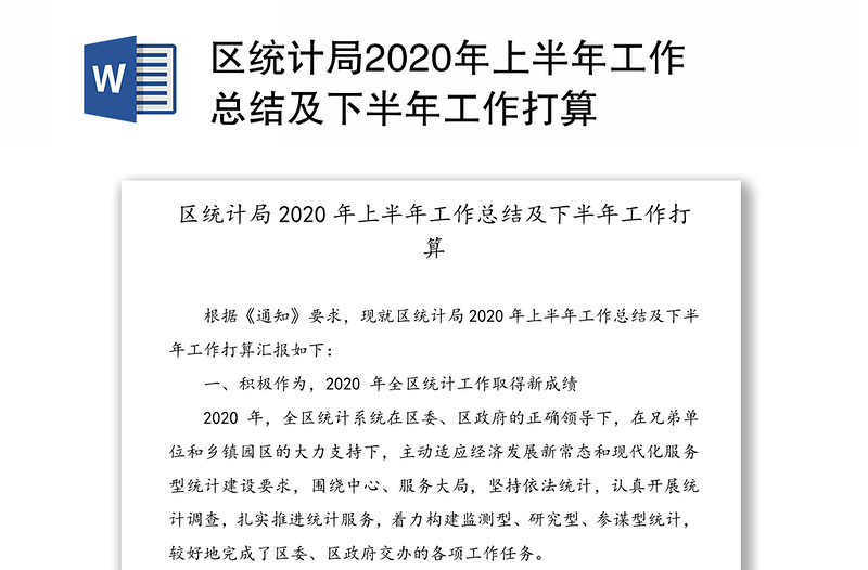 区统计局2020年上半年工作总结及下半年工作打算