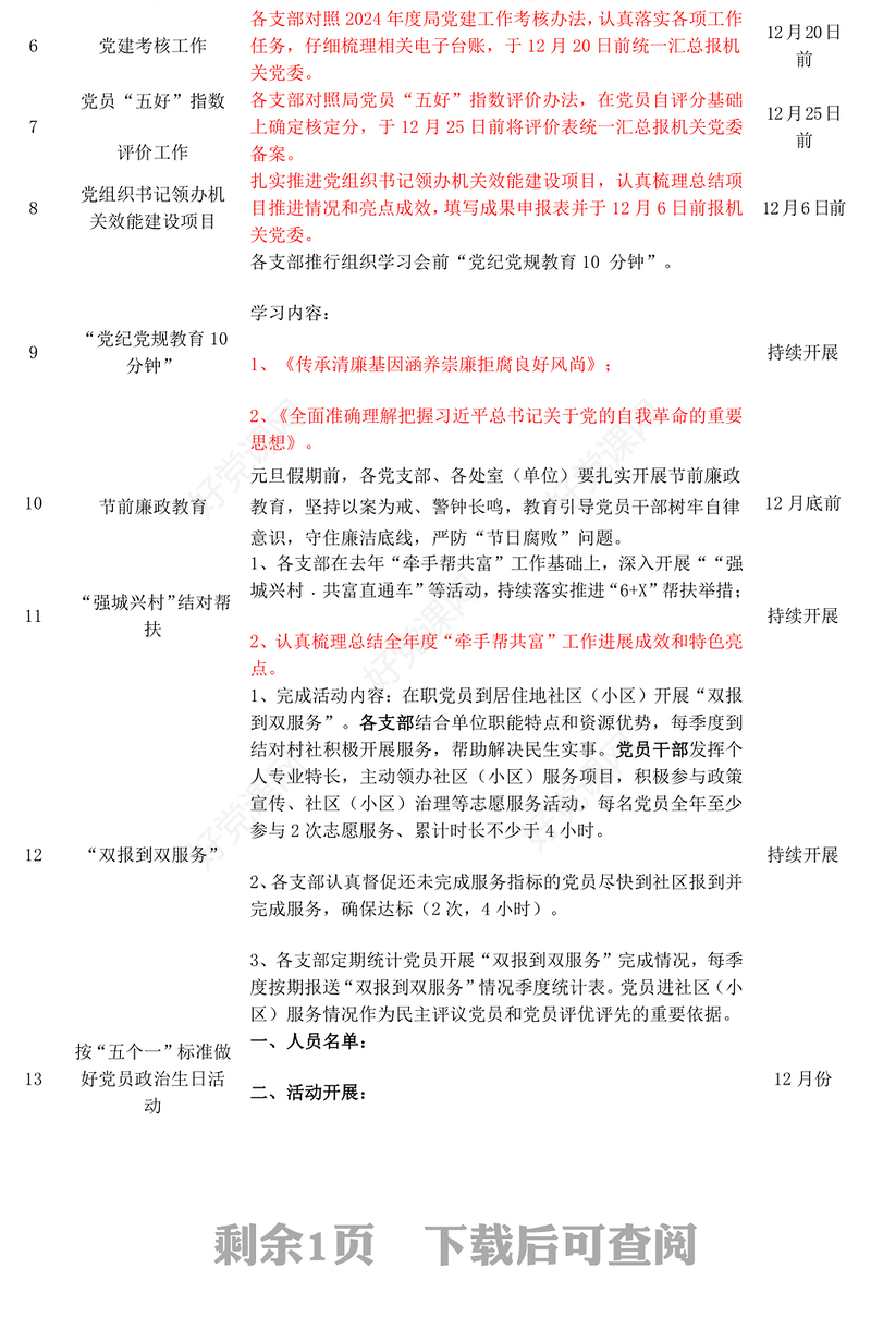 2024年12月支部党建重点任务清单模板