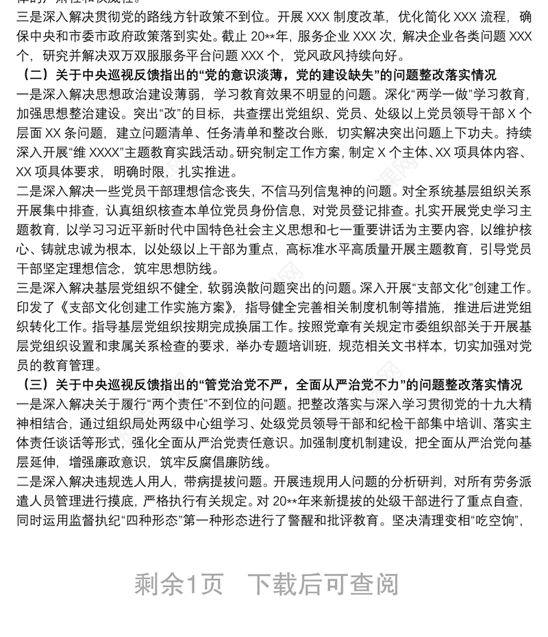 关于20xx年落实巡视“回头看”反馈问题的整改工作报告范文