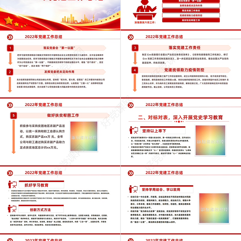 2022年党建工作总结及2023年工作计划PPT红色大气国有企业党支部开展工作制定计划专题党建党课课件