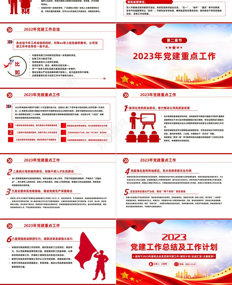 2022年党建工作总结及2023年工作计划PPT红色大气国有企业党支部开展工作制定计划专题党建党课课件