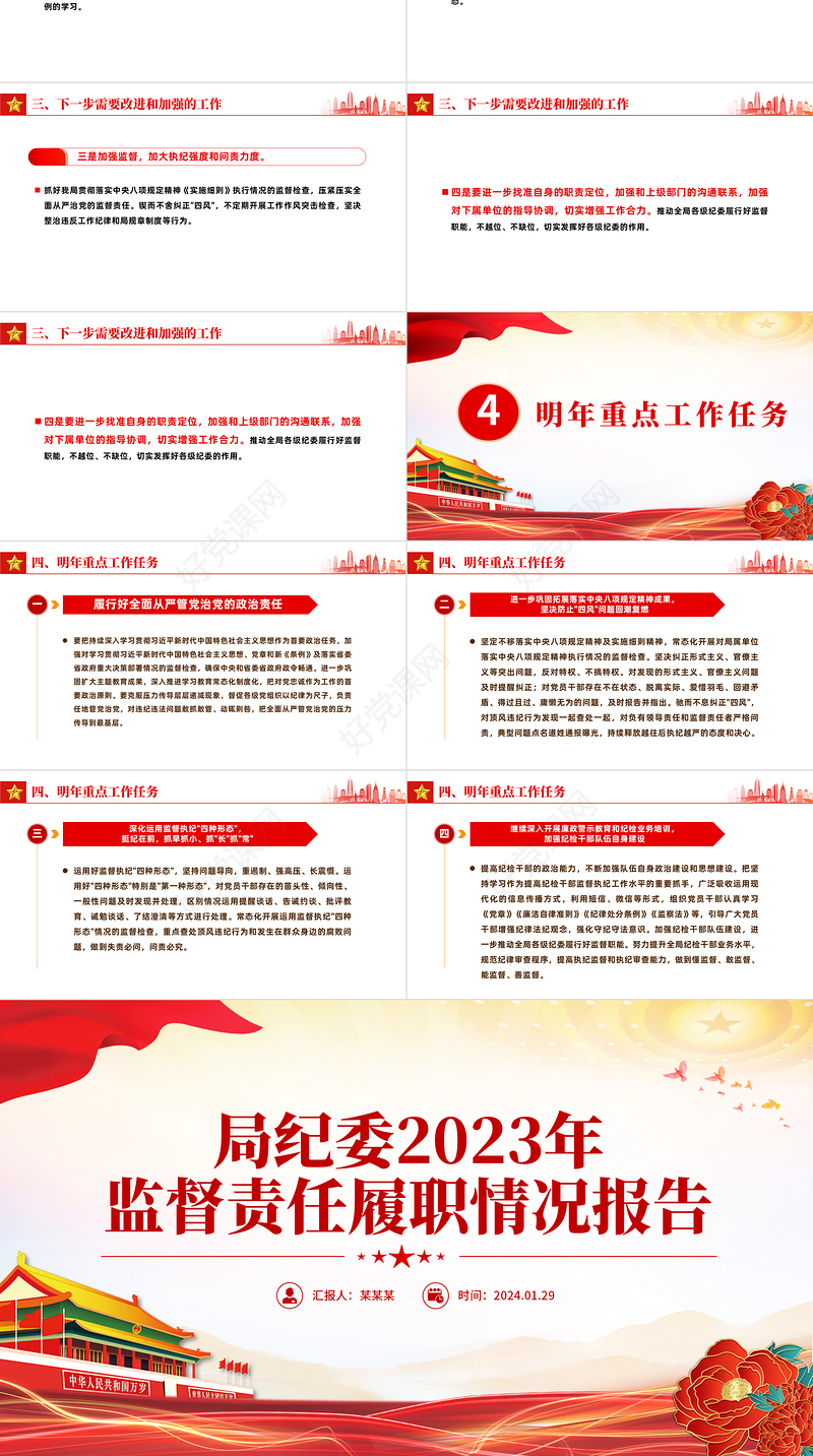 红色大气局纪委2023年监督责任履职情况报告PPT模板下载