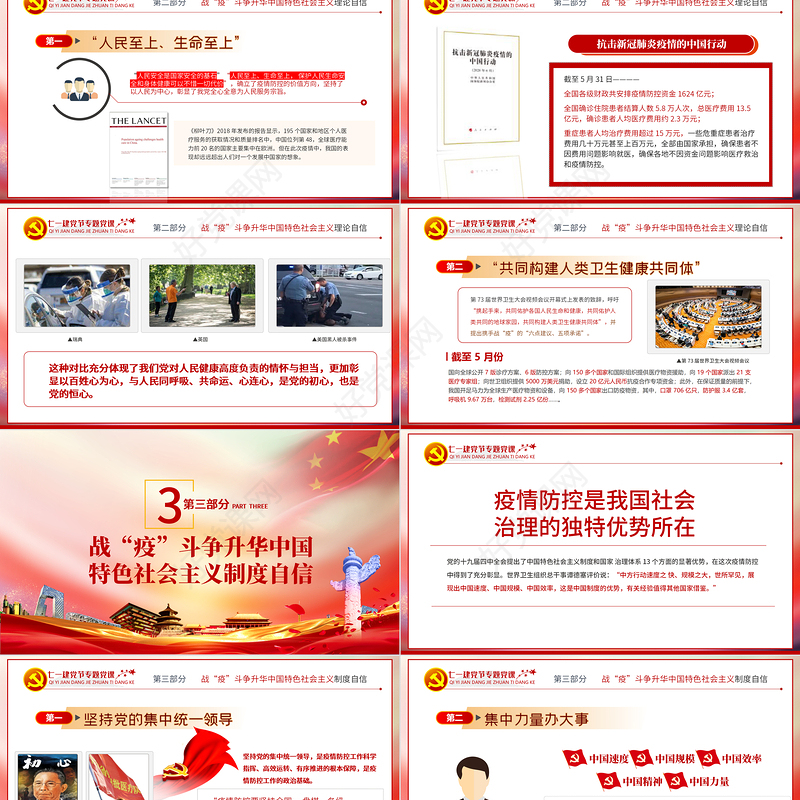 七一党课在中外战疫对比中升华四个自信PPT模板-含讲稿