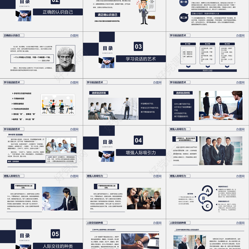 蓝色商务之人际交往技巧员工入职培训动态PPT模板