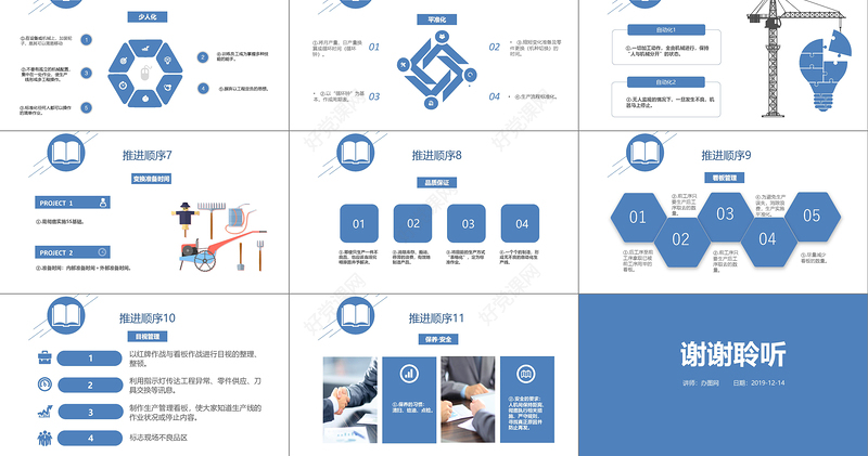 蓝色服务简约扁平化信息图表精益生产管理PPT模板