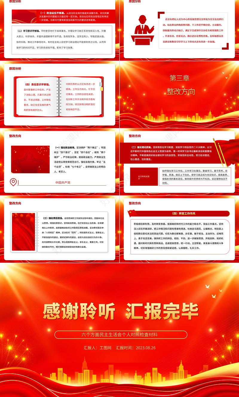 2023年主题教育六个方面民主生活会个人对照检査材料PPT课件