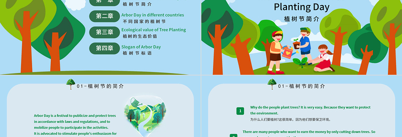 2023植树节英文介绍PPT绿色卡通风植树节英文介绍课件模板下载