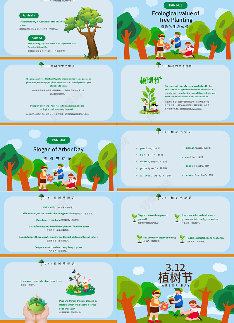 2023植树节英文介绍PPT绿色卡通风植树节英文介绍课件模板下载