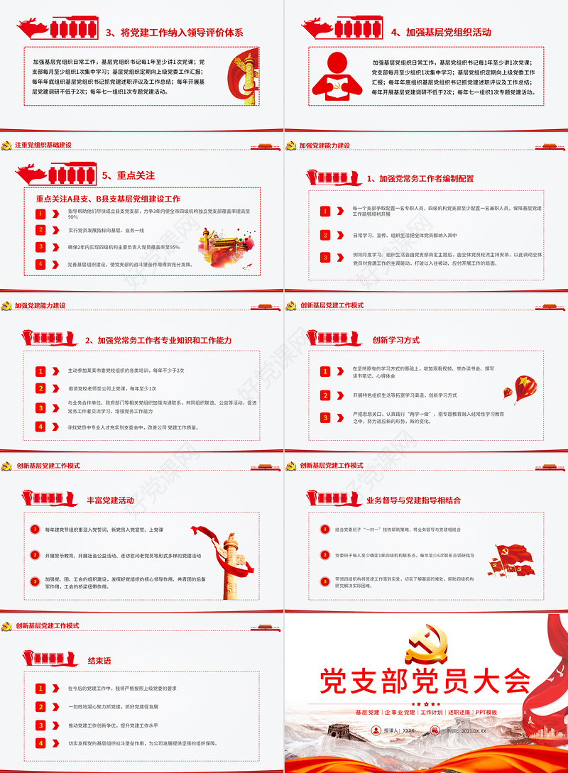 2021党支部党员大会PPT红色大气基层党组织党务工作总结问题分析及工作计划党课模板
