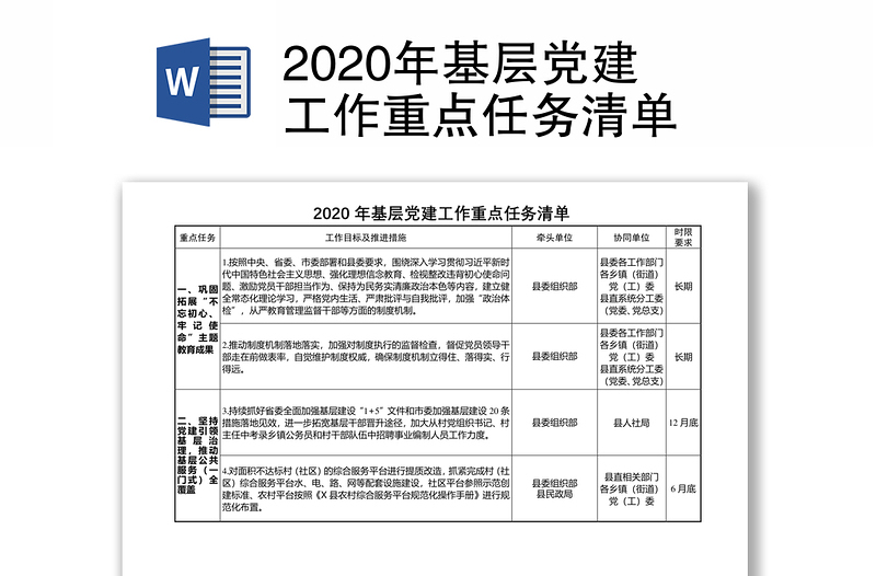 2020年基层党建工作重点任务清单