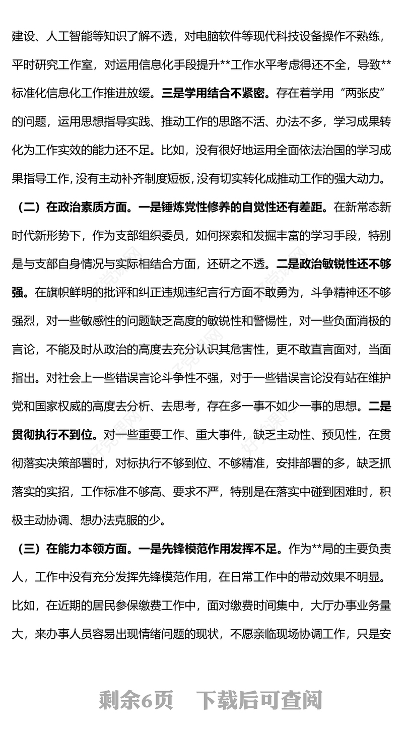 2023年主题教育党支部专题组织生活会个人对照剖析发言材料PPT(讲稿)