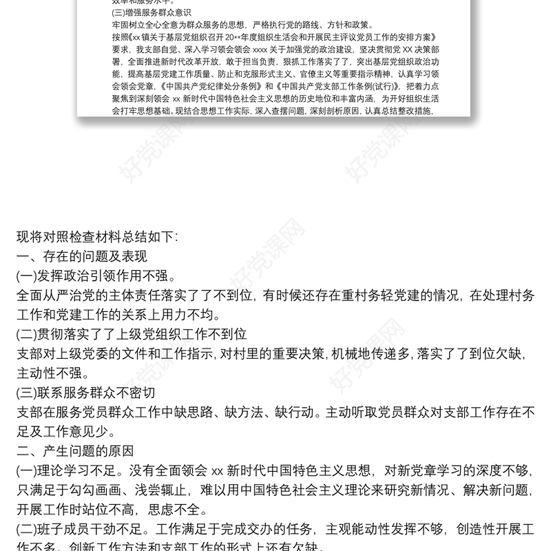 20xx年党支部班子对照检查材料范文