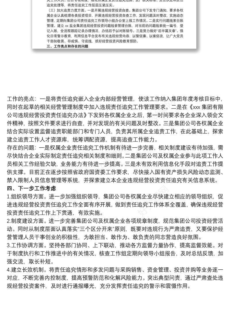 集团公司落实违规经营投资责任追究工作体系建设情况报告