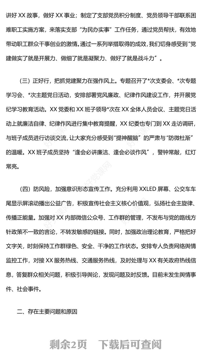 2024年党支部抓基层党建工作情况报告下载