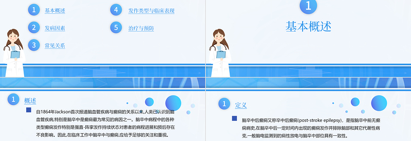 2022脑卒中后癫痫病PPT创意清新插画风医疗教学各种疾病医理PPT模板