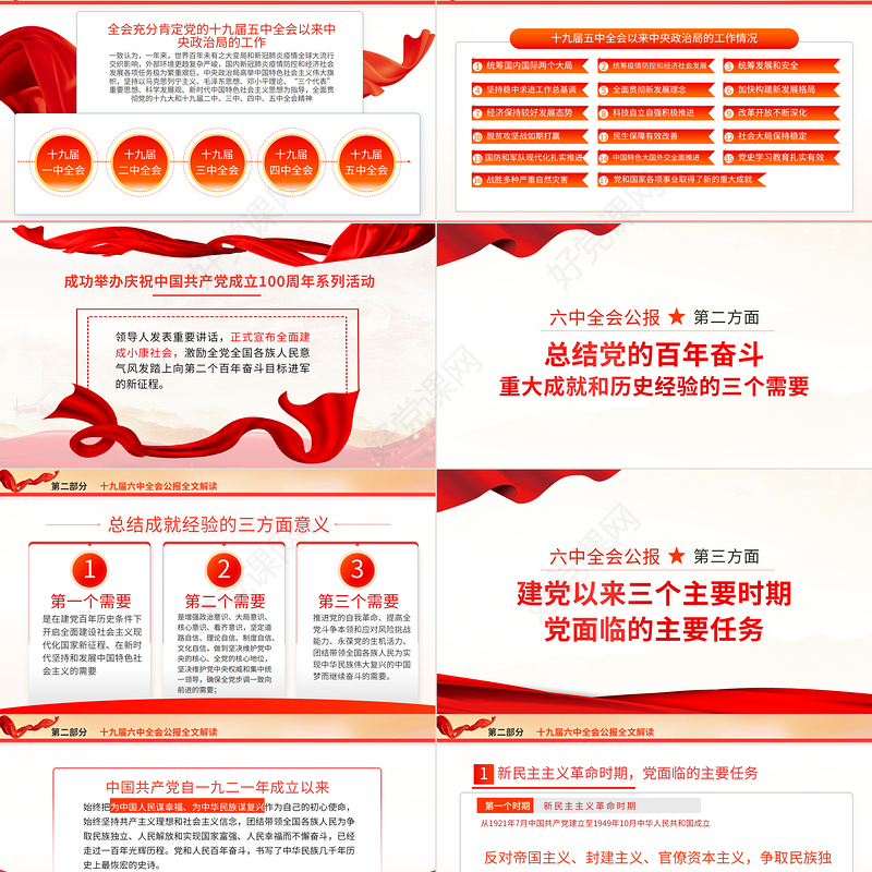十九届六中全会PPT红色精品学习贯彻党的十九届六中全会公报内容会议精神党课课件