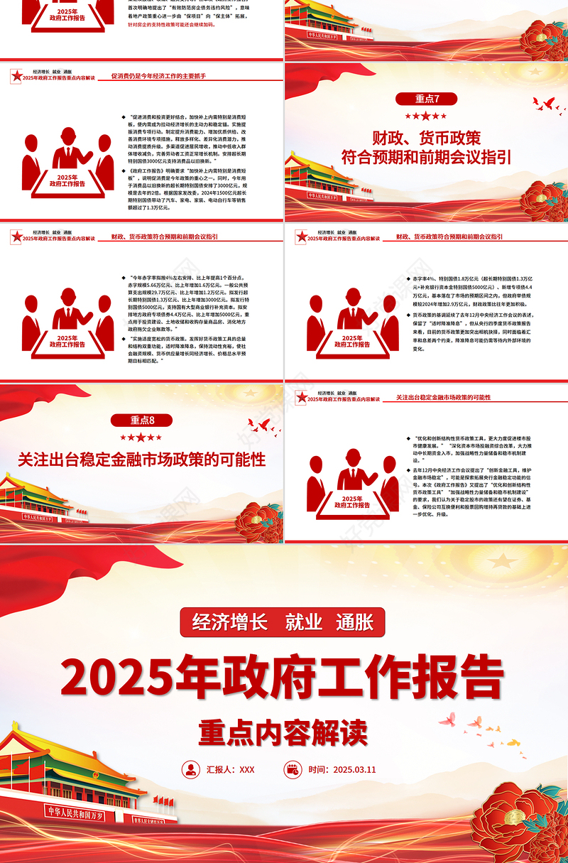 简洁大气2025年政府工作报告重点内容解读PPT两会党课