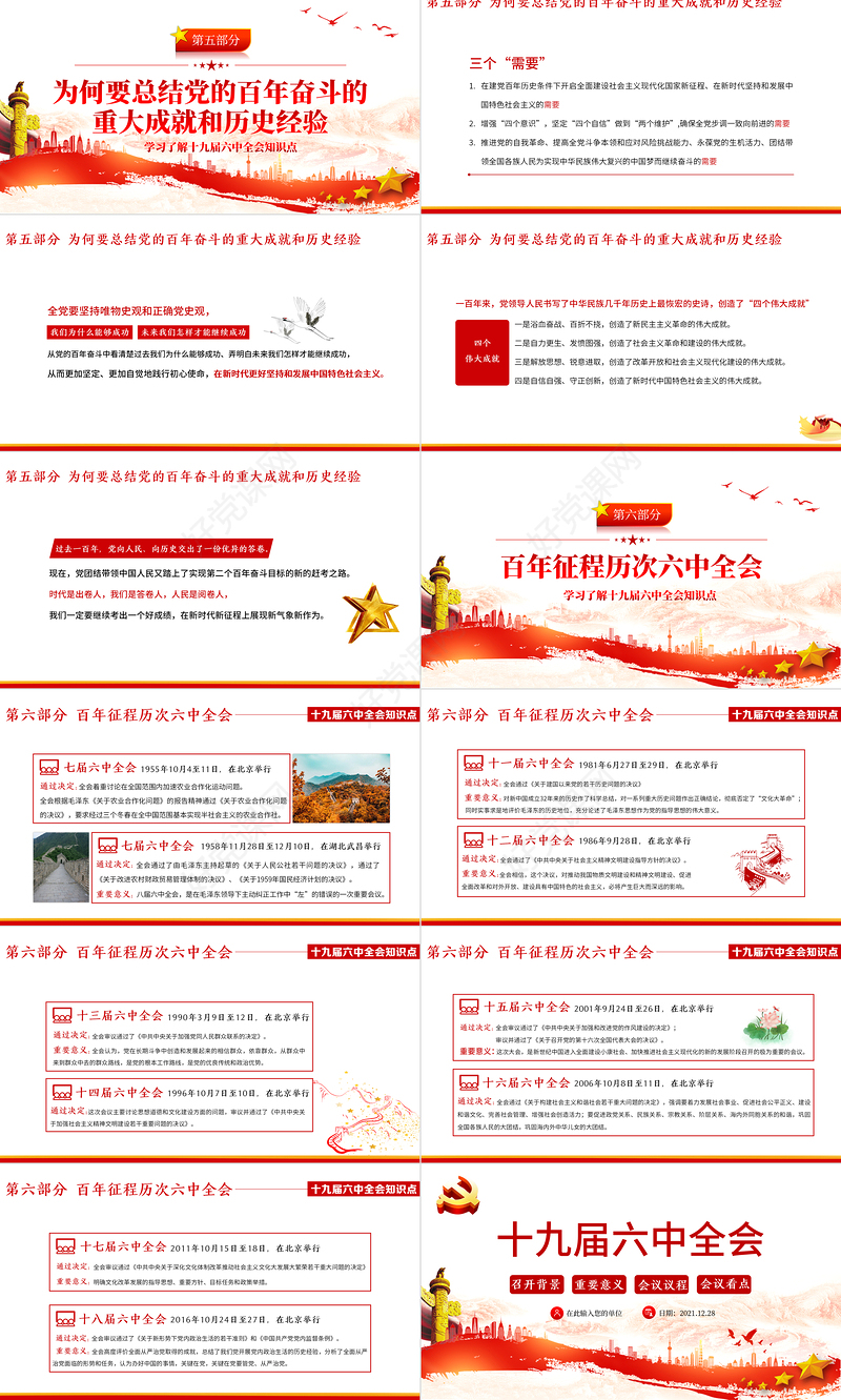 十九届六中全会PPT红色庄严六中全会召开背景会议议程重要意义介绍党课课件