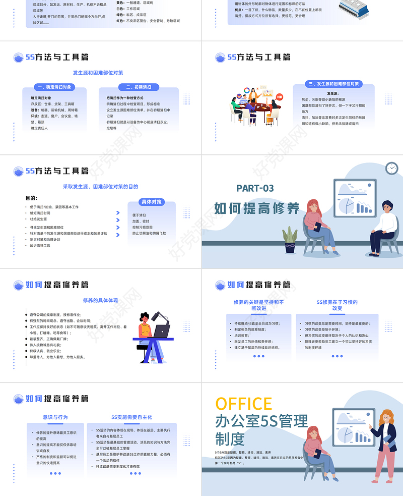 2022办公室5S管理制度PPT简约插画风公司企业5S管理制度知识培训课件模板下载