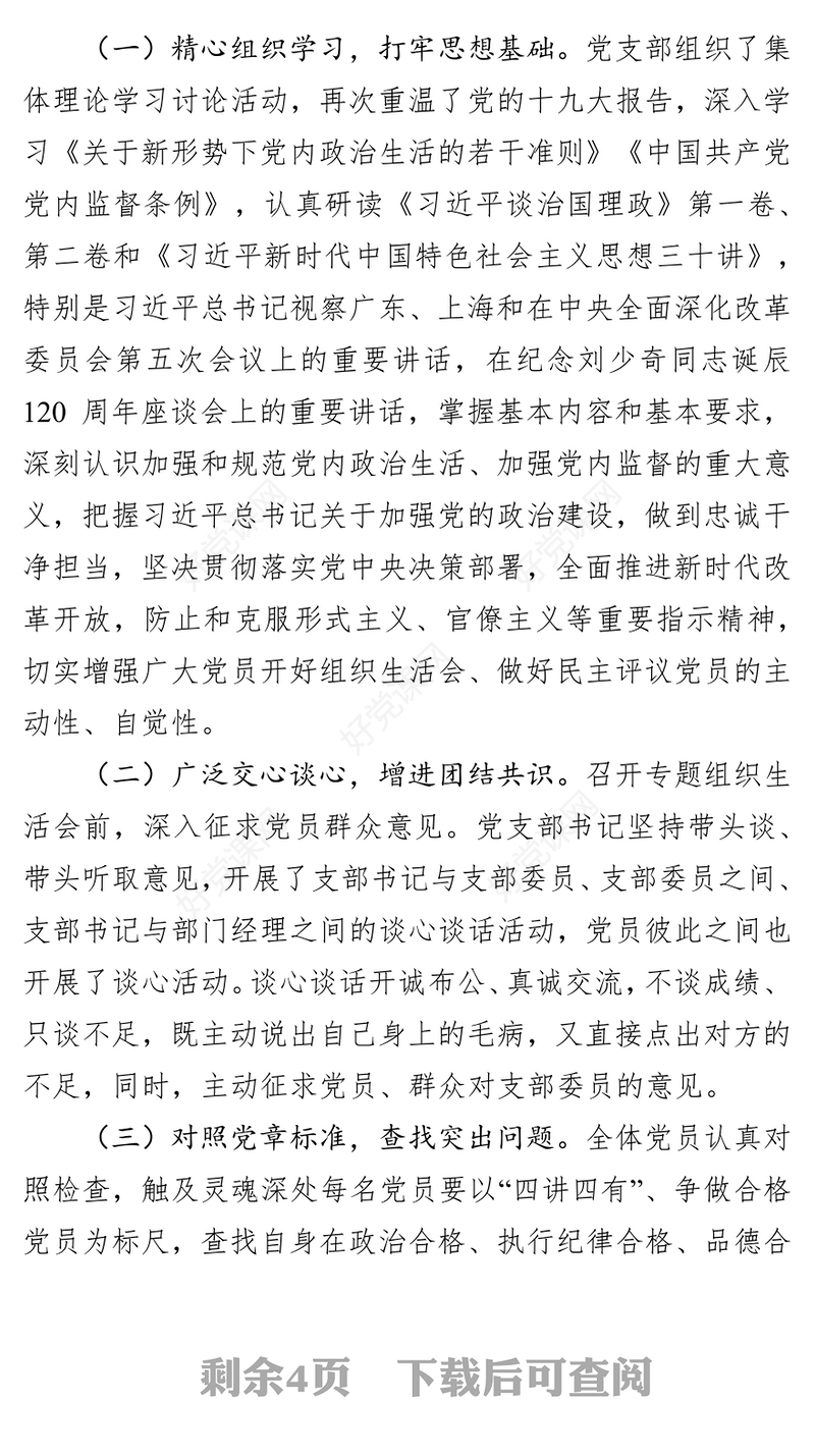 党支部专题组织生活会和开展民主评议党员情况的报告(范文)
