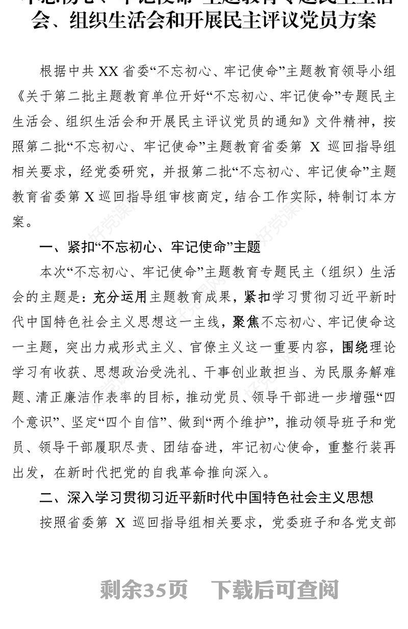主题教育专题民主生活会组织生活会民主评议党员工作方案(12张附表)