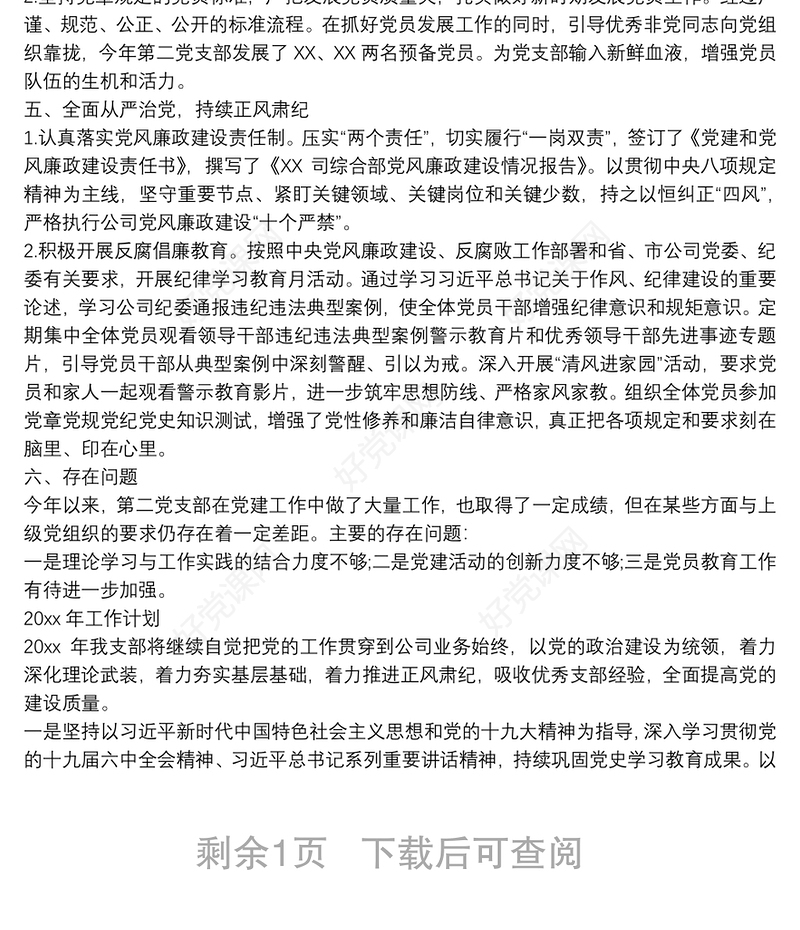 关于党支部工作总结下一步工作计划