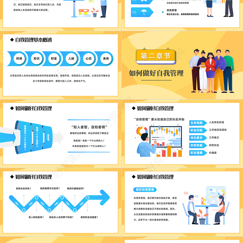 2023自我管理能力培训PPT蓝色扁平插画风企业入职自我管理能力培训专题课件模板