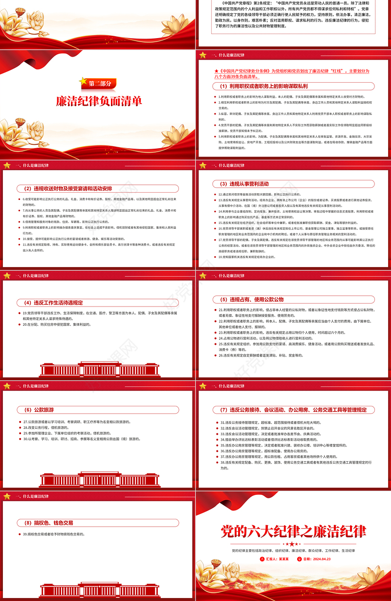 大气精美党的六大纪律之廉洁纪律解读PPT