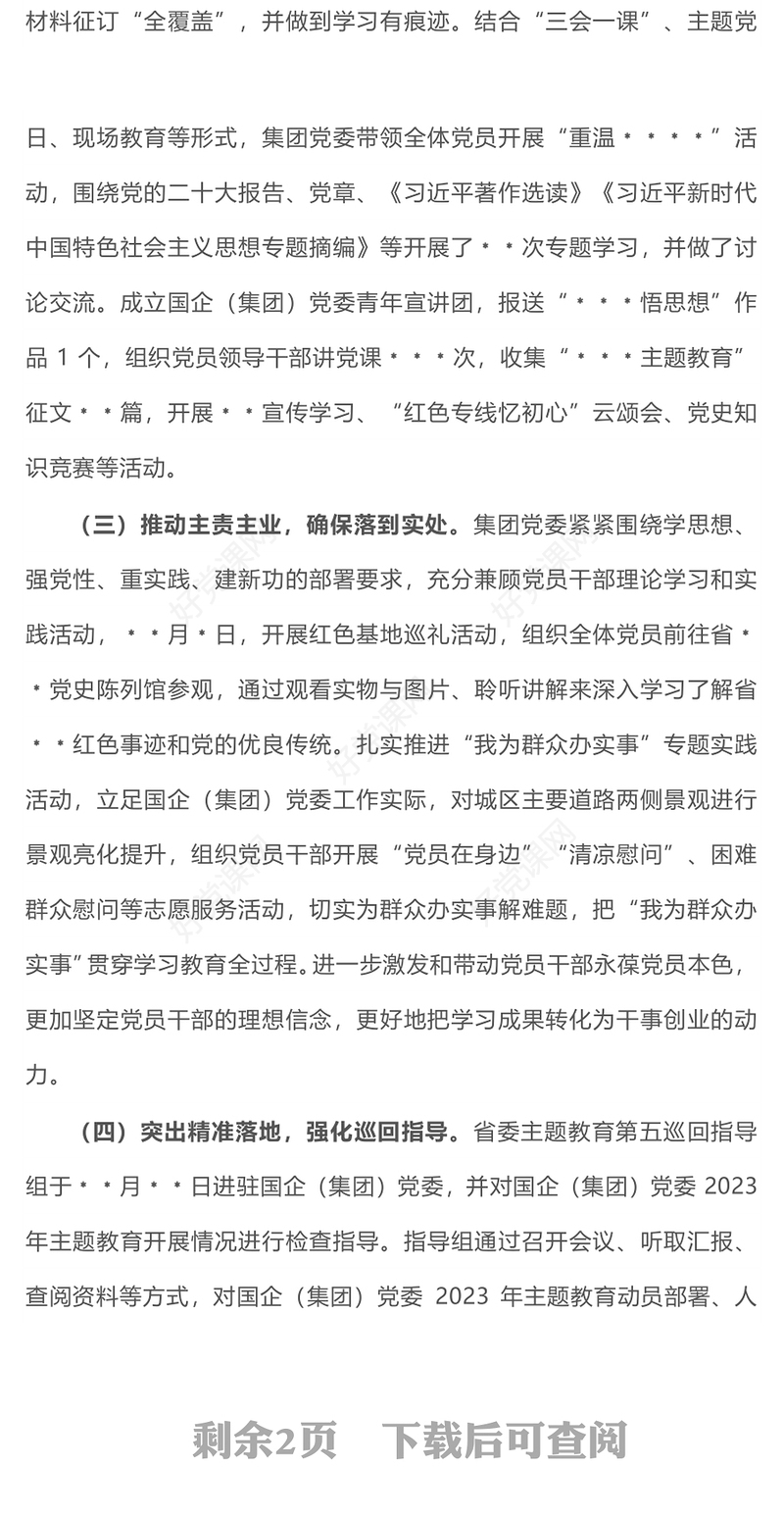 国企2023年主题教育开展情况自查总结报告PPT模板(讲稿)