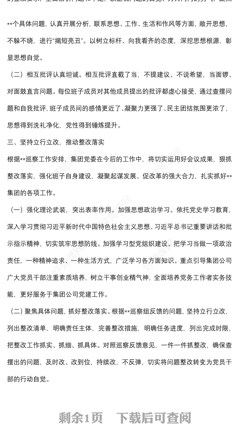 某国有企业巡察整改专题民主生活会召开情况的总结报告